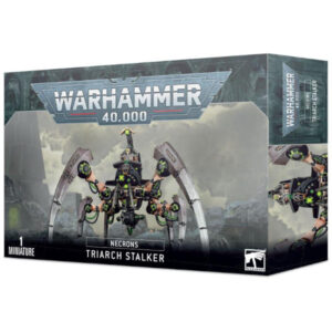 Triarch Stalker miniature box art showcases Necron design and dark, atmospheric Warhammer 40,000 themes.