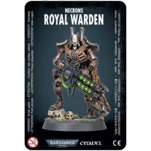 Necrons Royal Warden miniature in dark armor, wielding a futuristic weapon with green accents.
