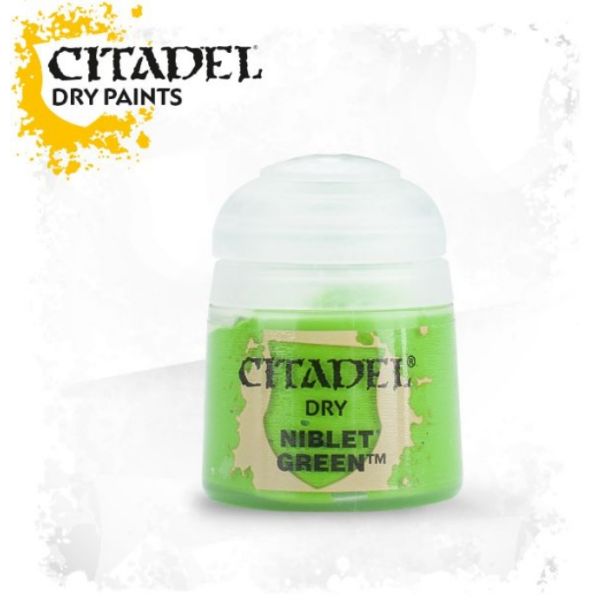 Vibrant Citadel Niblet Green Dry Paint for detailed miniature painting in tabletop games.