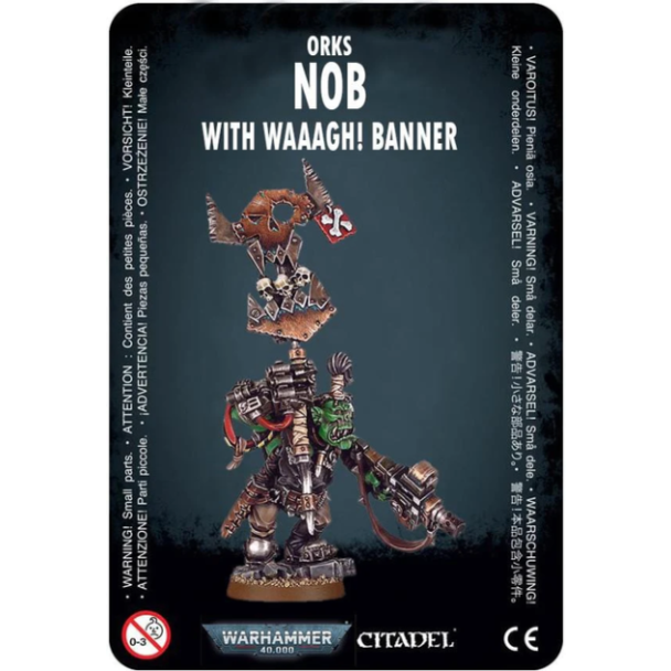 Fierce Ork Nob model with WAAAGH! banner, showcasing rugged armor and battle trophies.