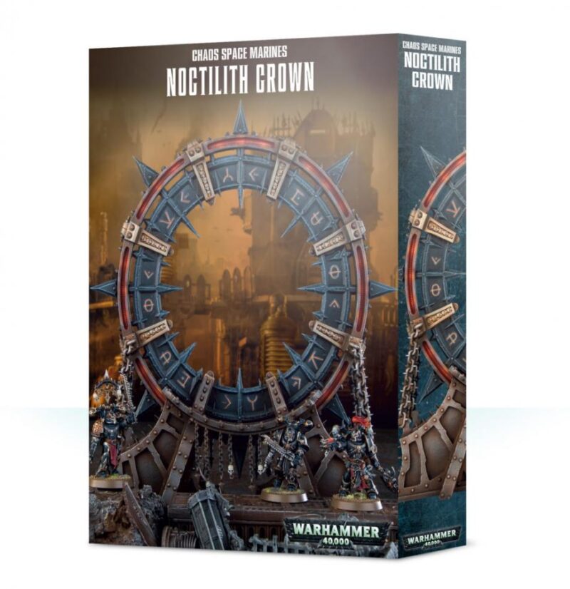 Chaos Space Marines Noctilith Crown model kit box art featuring dark gothic design and lore elements.