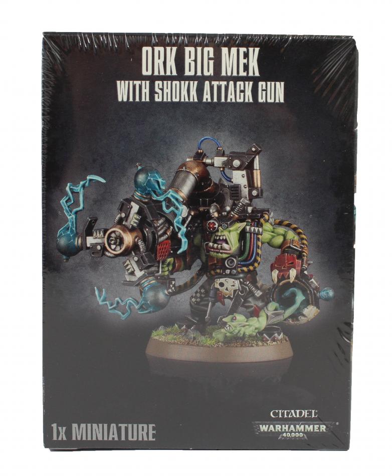Ork Big Mek with Shokk Attack Gun boxed model from Warhammer 40,000, featuring vibrant artwork.