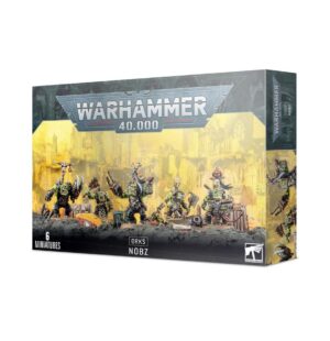 Unpainted Ork Nobz miniatures set from Warhammer 40,000 for creative tabletop gamers.