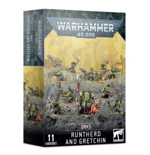 Orks Runtherd and Gretchin miniatures set for Warhammer 40K with vibrant battlefield artwork.