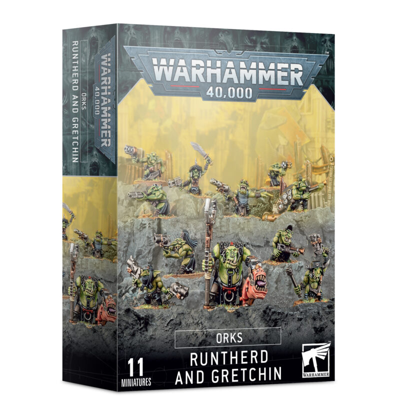 Orks Runtherd and Gretchin miniatures set for Warhammer 40K with vibrant battlefield artwork.