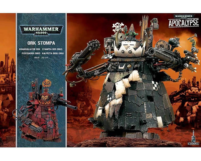 Ork Stompa: A chaotic, towering war machine from Warhammer 40,000, armed for battle.