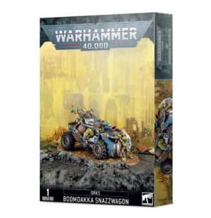 Orks Boomdakka Snazzwagon model kit showcases chaotic design and vibrant art for Warhammer 40K fans.