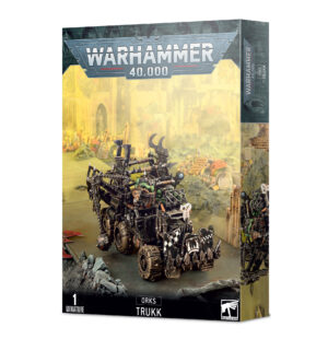 Orks Trukk box art highlights a rugged vehicle amidst a chaotic Warhammer 40K battlefield.