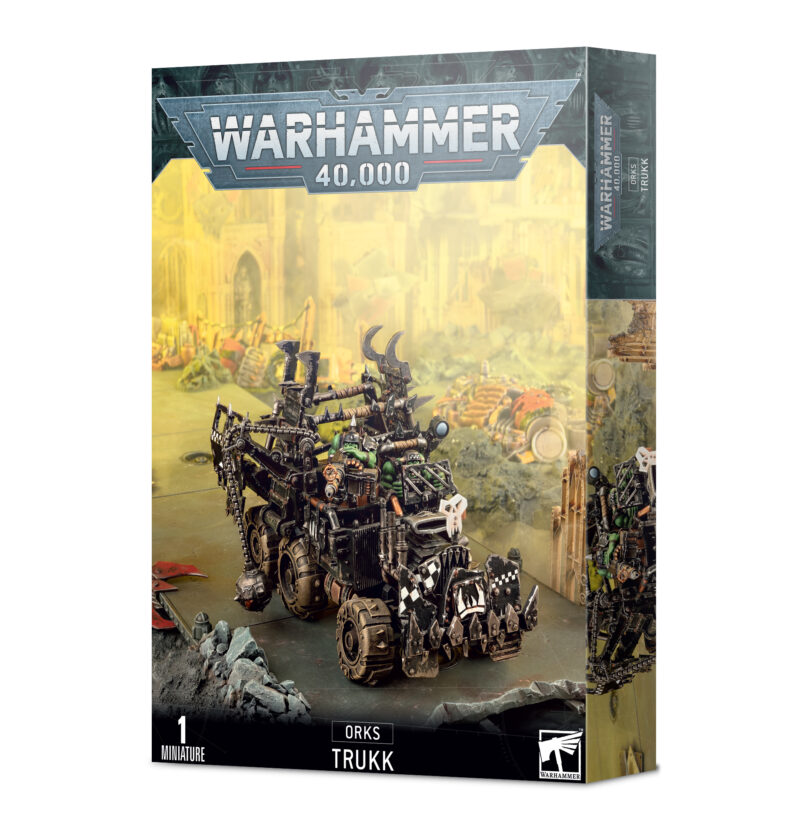 Orks Trukk box art highlights a rugged vehicle amidst a chaotic Warhammer 40K battlefield.