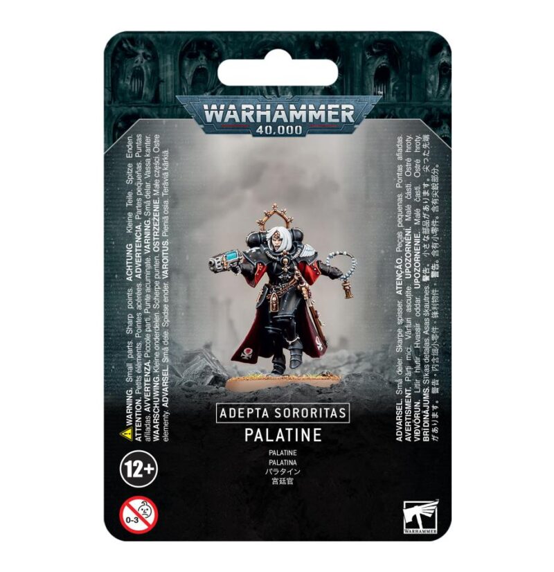 Palatine miniature from Warhammer 40,000, showcasing Sisters of Battle in detailed armor with dynamic pose.