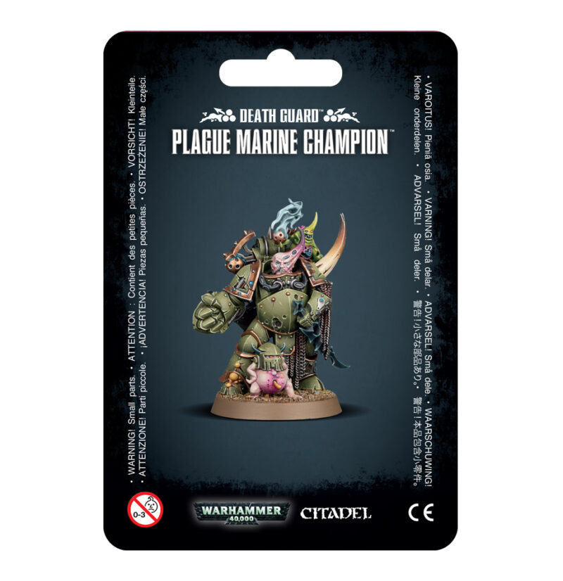 Death Guard Plague Marine Champion figure: intricately detailed, menacing, ideal for Warhammer collectors.