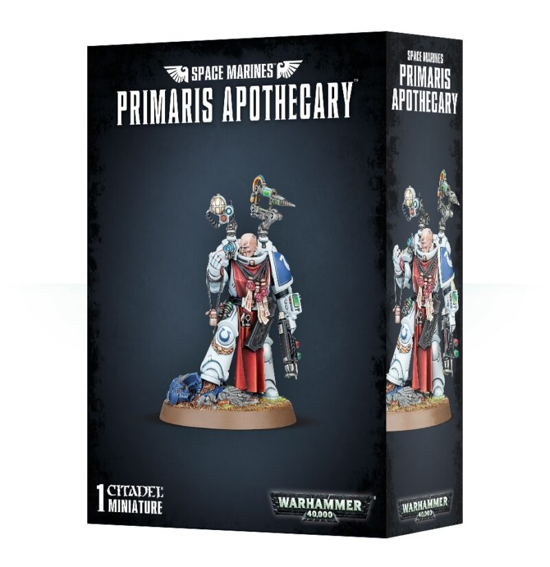 Primaris Apothecary miniature in dynamic pose, showcasing detailed power armor for Space Marines.