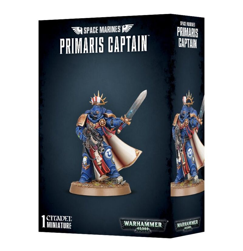Primaris Captain Miniature: A stunning blue and gold Space Marine figure wielding a sword.