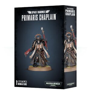 Boxed Primaris Chaplain miniature, showcasing intricate armor and weapons from Warhammer 40,000 Space Marines.