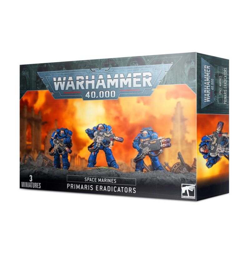 Primaris Eradicators box set featuring dynamic Space Marine miniatures in bold blue armor.