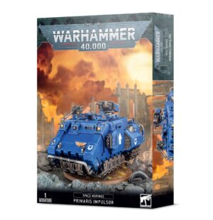 Primaris Impulsor: Eye-catching armored vehicle in Warhammer 40Ks vibrant sci-fi battlefield.