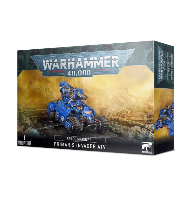Primaris Invader ATV model from Warhammer 40K featuring Space Marines in vibrant blue packaging.