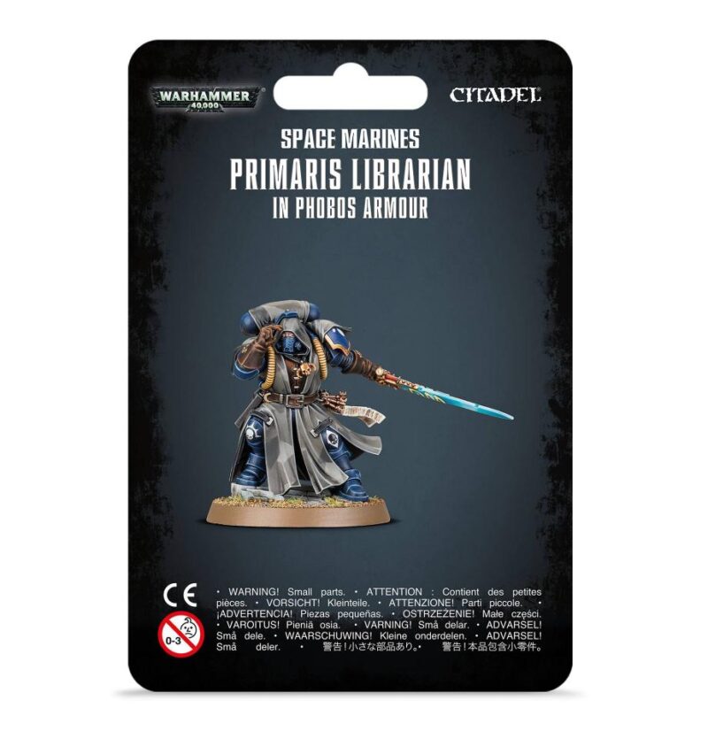 Primaris Librarian miniature in Phobos Armour, showcasing intricate details and psychic battle readiness.