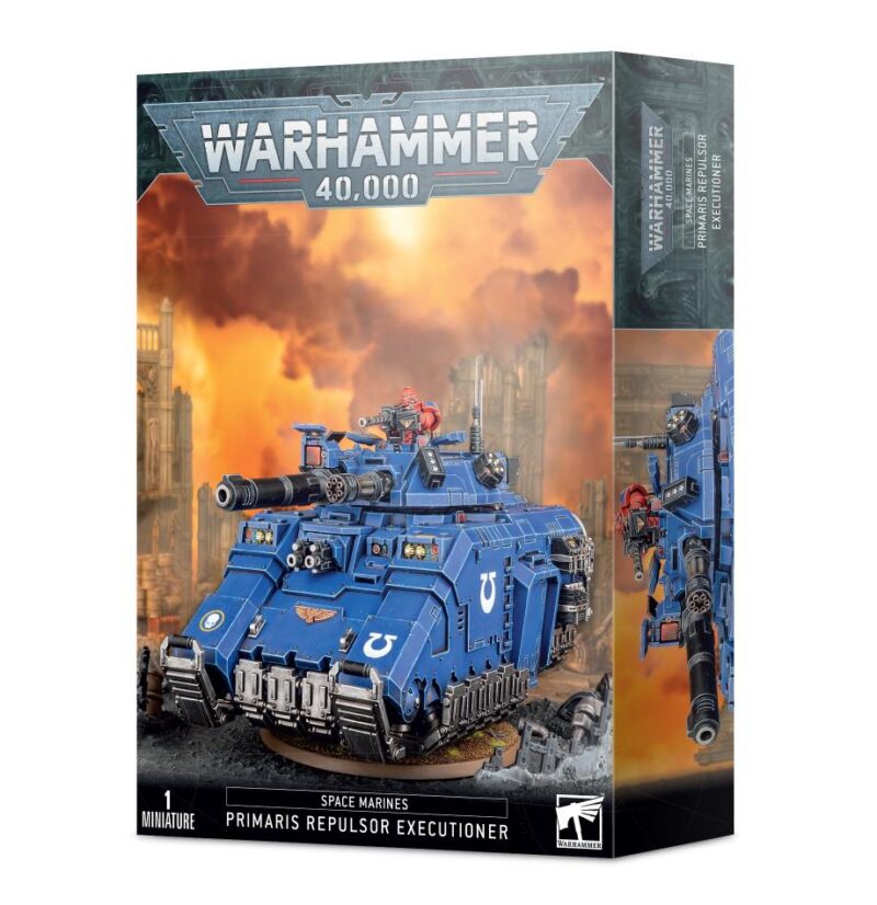Primaris Repulsor Executioner model set from Warhammer 40,000, featuring detailed armored design and vibrant colors.