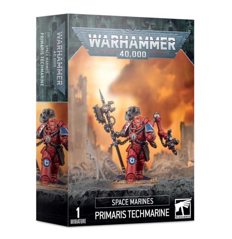 Primaris Techmarine miniature model in red armor, embodying Warhammer 40Ks epic battlefield lore.