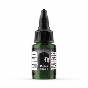 Pro Acryl Camo Green acrylic paint for artists in a precision nozzle bottle.