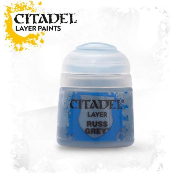 Russ Grey Citadel Layer Paint in a sleek blue container for miniature painting projects.