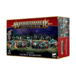 Vibrant Saurus Warriors box set from Warhammer: Age of Sigmar, featuring dynamic reptilian warrior artwork.