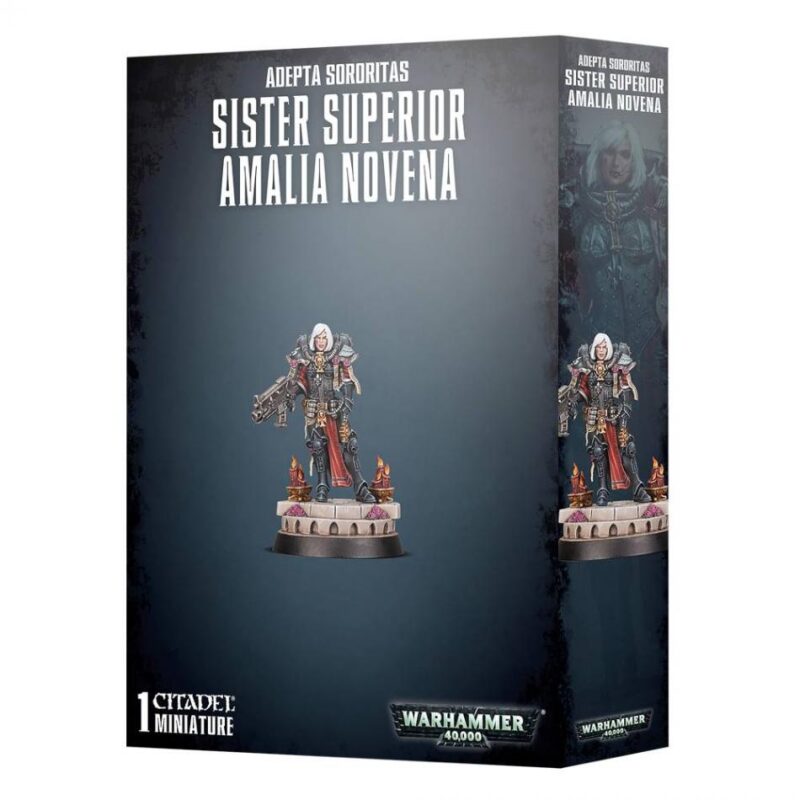 Sister Superior Amalia Novena miniature packaging featuring intricate design and bold Warhammer branding.
