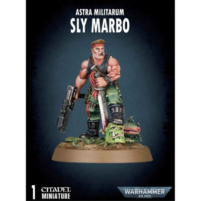 Sly Marbo miniature: dynamic Astra Militarum warrior with grenade launcher and combat knife.