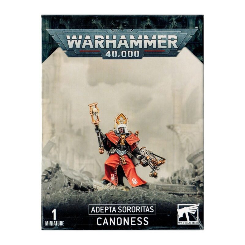 Adeptus Sororitas Canoness miniature in stunning red armor, ideal for Warhammer 40K collectors.