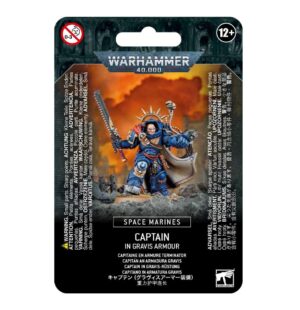 Warhammer 40,000 Space Marine Captain in Gravis Armor packaging design with bold, dynamic artwork.