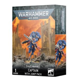 Dynamic Space Marine Captain with jump pack model from Warhammer 40,000 tabletop game.