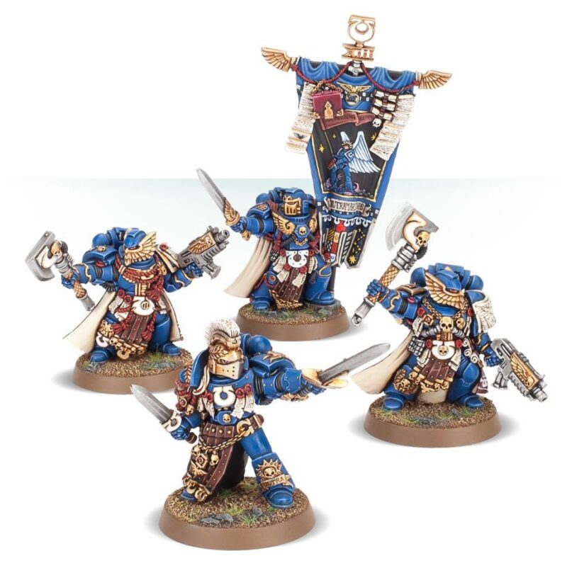 Battle-ready Space Marine squad with leader and banner, showcasing intricate armor details.