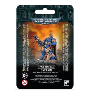 Space Marines Captain miniature with heavy bolter, striking blue armor in dramatic Warhammer 40,000 packaging.