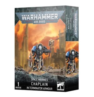 Space Marines Chaplain in Terminator Armor collectible model, featuring detailed design and vibrant packaging.