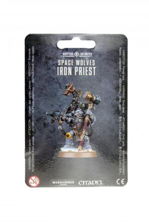 Intricate Space Wolves Iron Priest miniature model from Warhammer 40,000, showcasing detailed weaponry and design.
