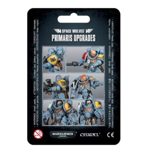 Space Wolves Primaris upgrade figurines featuring detailed models and iconic designs in striking packaging.