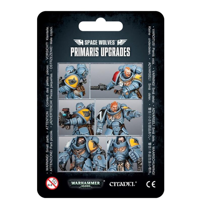 Space Wolves Primaris upgrade figurines featuring detailed models and iconic designs in striking packaging.