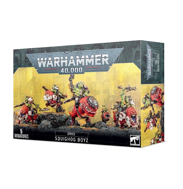Squighog Boyz miniatures set: five dynamic Orks in vibrant colors from Warhammer 40,000.