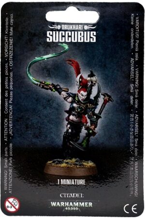 Drukhari Succubus miniature from Warhammer 40,000, featuring intricate armor and dynamic pose.