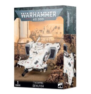 Warhammer 40,000 Tau Devilfish model kit box with dynamic artwork and detailed sci-fi design.