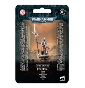 Tau Empire Ethereal miniature for Warhammer 40,000, featuring intricate design and dynamic action pose.