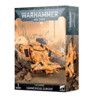 Tau Empire Hammerhead Gunship model kit packaging showcases vibrant design and Warhammer 40,000 universe themes.
