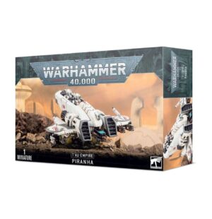 Tau Empire Piranha miniature box art: sleek design, bold graphics, and sci-fi battlefield setting.
