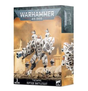 Tau Empire Riptide Battlesuit model kit box art showcasing dynamic design and customizable features.