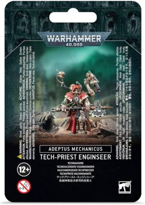 Adeptus Mechanicus Tech-Priest Engineer miniature packaging, showcasing intricate details and dynamic pose.