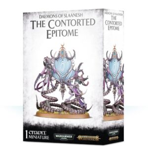 Vibrant packaging for The Contorted Epitome Slaanesh miniature model by Citadel Miniatures.