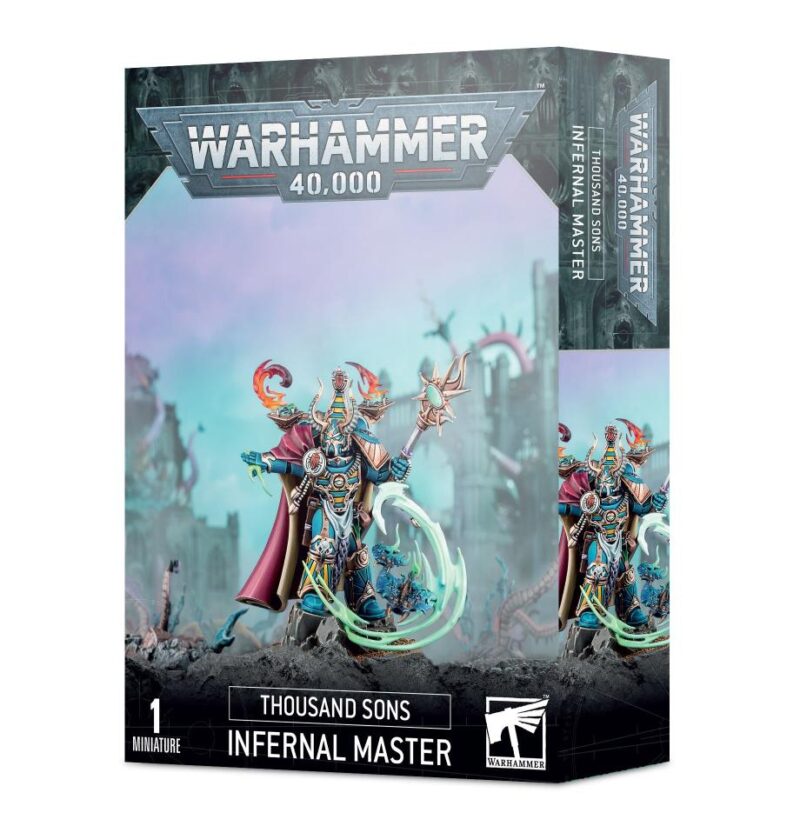 Thousand Sons Infernal Master miniature model box featuring vibrant colors and intricate designs.