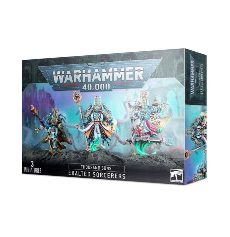 Thousand Sons Exalted Sorcerers Miniatures Set for Warhammer 40,000, featuring three dynamic figures.