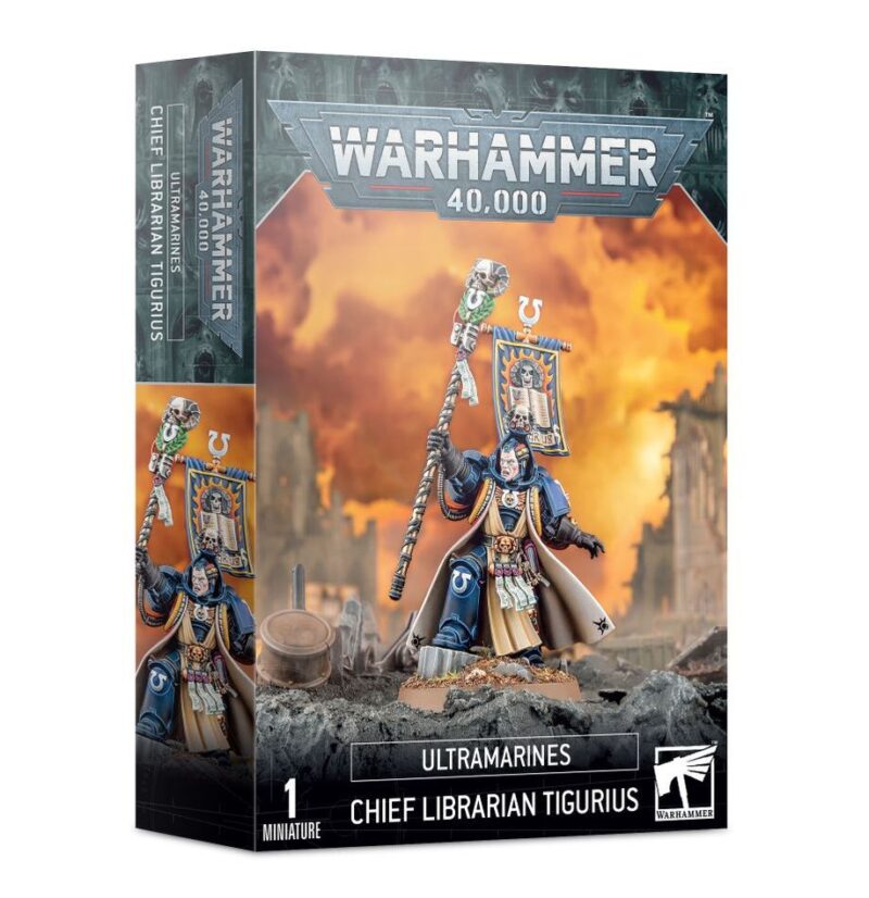 Chief Librarian Tigurius Ultramarines model, featuring dynamic pose and vivid Warhammer 40K artwork.